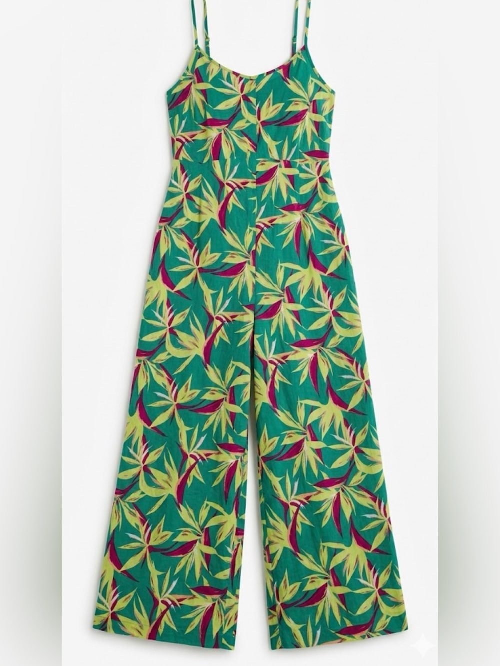 Tropical Print Tie-Strap Jumpsuit in Teal & Lime - Size Medium